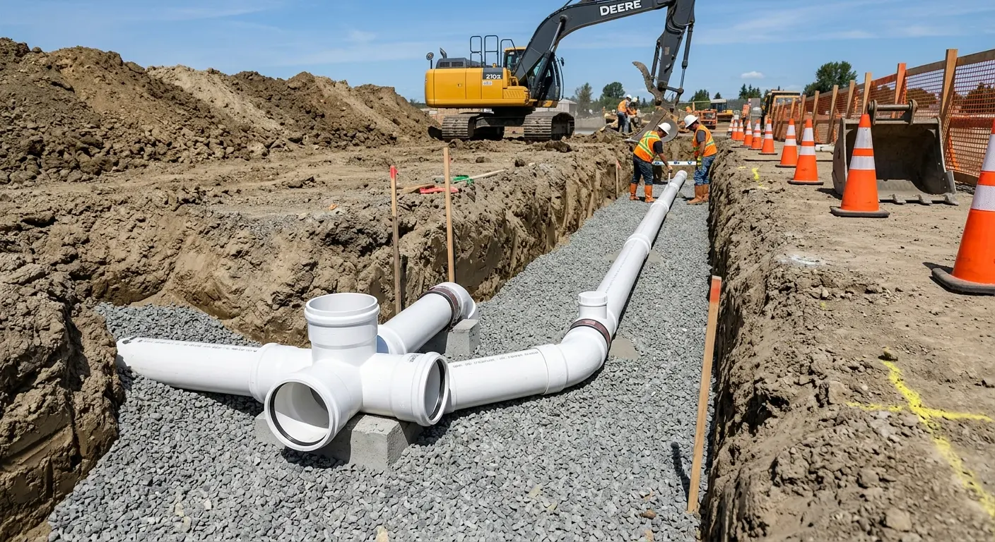 New PVC sewer pipe installation in open trench for Commercial Drain Cleaning in Withamsville