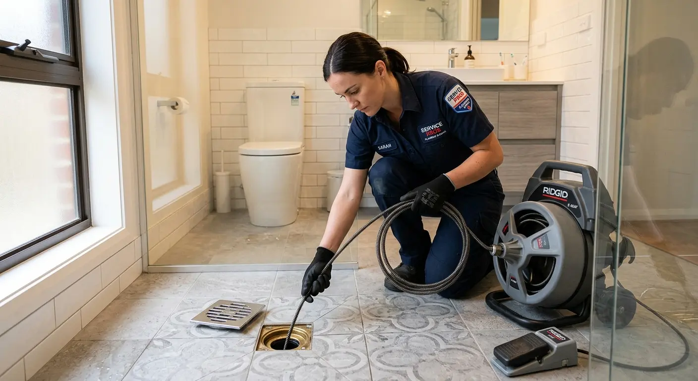 Technician clearing a bathroom floor drain for Drain Cleaning in Withamsville